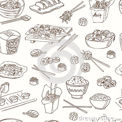 Asian Food. Decorative chinese food icons seamless pattern. Vector Illustration