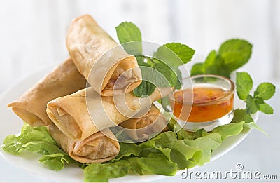 Asian food,frie spring roll and salad Stock Photo