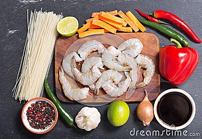 Asian food. Ingredients for cooking stir fried noodles with shrimps, top view Stock Photo