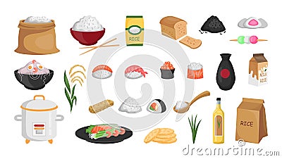 Asian food. Rice agriculture products. Cute variety diet ingredients. Noodle or sushi eating. Cereal sack and bowl Vector Illustration