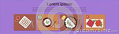 Asian Food Set Sushi Korean Thai Dishes Top Angle View Template Background Horizontal Banner Vector Illustration