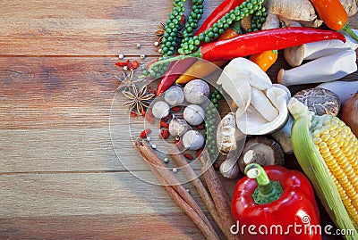 Asian food vegetable spice herb on wood table use for asian food Stock Photo