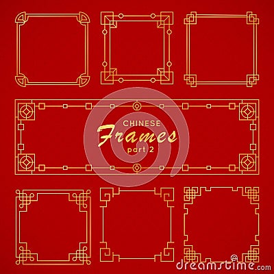 Asian frame set in vintage style on red background. Traditional chinese ornaments for your design. Vector golden Vector Illustration
