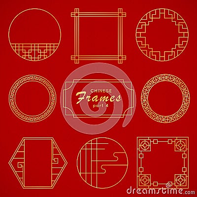 Asian frame set in vintage style on red background. Traditional chinese ornaments for your design. Vector golden Vector Illustration