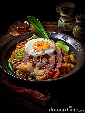 Asian fried noodles with egg, shrimp and vegetables Stock Photo