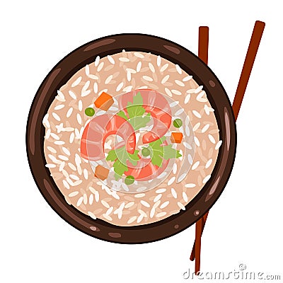 Asian fried rice with shrimp on plate, street food recipe of Thai or Japanese cuisine Vector Illustration