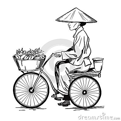 Asian fruit seller on the bicycle Cartoon Illustration
