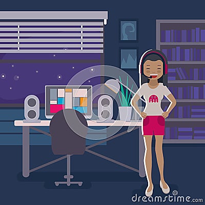 Asian gamer girl on the background of living room Vector Illustration