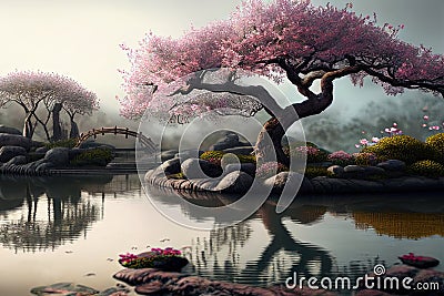 Asian garden with sakura trees and pond. Landscape with cherry blossom falling in lake with bokeh light. Springtime fine art Stock Photo