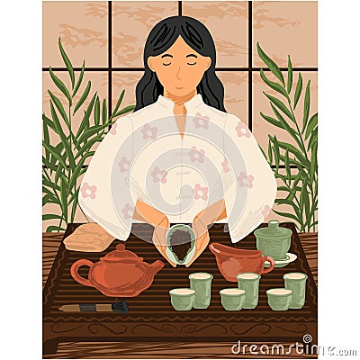 Asian girl brew japanese tea vector illustration Vector Illustration