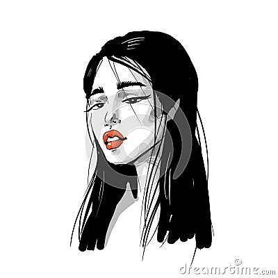 Asian girl fashion romantic portrait with red lips in black and white inky style Vector Illustration