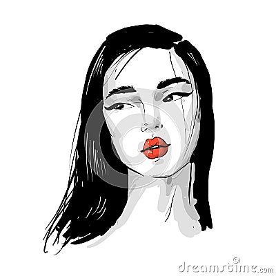 Asian girl fashion romantic portrait with red lips in black and white. Vector Illustration