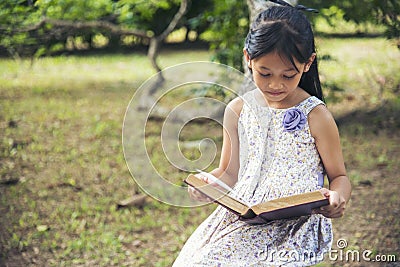 Asian Girl holding book reading at green park in natural garden. Young todler girl relaxation read open book self study. Happy Stock Photo