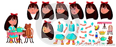 Asian Girl Kindergarten Kid Vector. Animation Creation Set. Face Emotions, Gestures. Playful Positive Small Baby. For Vector Illustration