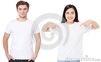 Asian girl and man in blank template t shirt isolated on white background. Guy and young woman in tshirt with copy space and mock Stock Photo