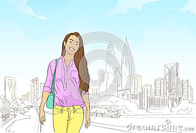 Asian Girl Over Modern City Cityscape Background Vector Illustration