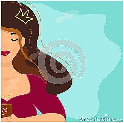 Asian girl - princess drinks coffee. Portrait of a charming brunette in a red blouse with a cup of coffee. Green background. Vector Illustration