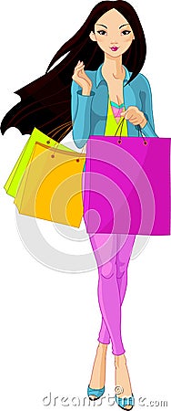 Asian Girl with shopping bags Vector Illustration