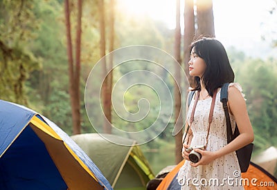 Asian girl travel and walk on the park at Pang umg park Stock Photo