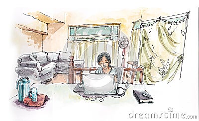 Asian girl working with computer from home hadn painting illustr Cartoon Illustration