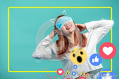 Asian girls happily wearing a surgical mask Virus ideas of ways to make you happy in life Stock Photo