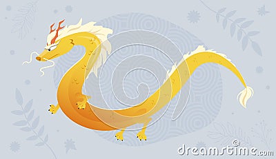 Asian golden dragon illustration for postcard. Flying chineese dragon on pattern background Vector Illustration