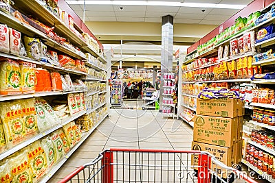 Asian grocery noodle aisle Editorial Stock Photo