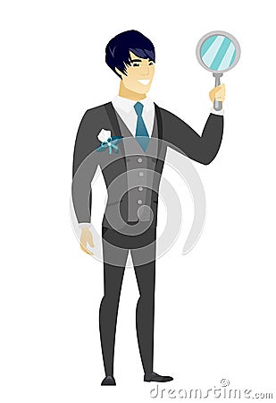 Asian groom holding hand mirror. Vector Illustration