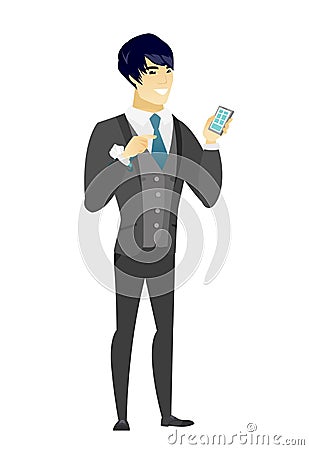 Asian groom holding a mobile phone. Vector Illustration