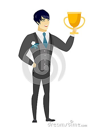 Asian groom holding a trophy. Vector Illustration