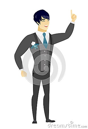 Asian groom pointing with his forefinger Vector Illustration