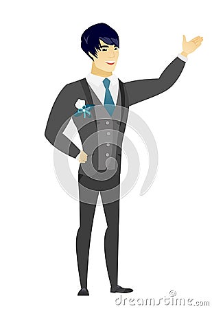 Asian groom showing a direction. Vector Illustration