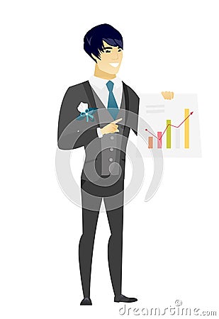 Asian groom showing financial chart. Vector Illustration