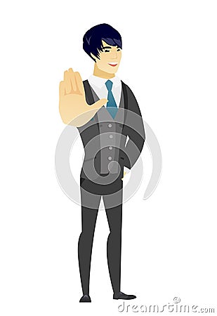 Asian groom showing palm hand. Vector Illustration