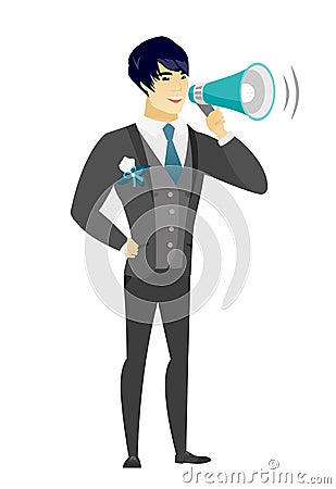 Asian groom talking into loudspeaker. Vector Illustration