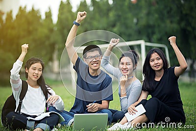 Asian Group of students Success and winning concept - happy tea Stock Photo