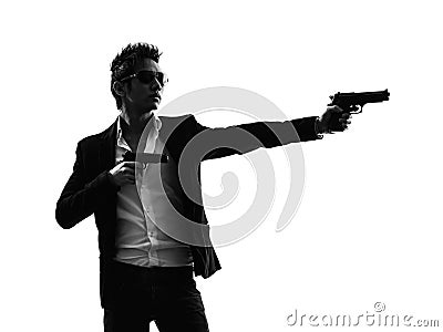 Asian gunman killer portrait shooting silhouette Stock Photo