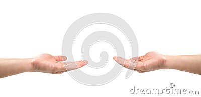2 Asian hands open the palm of the hand for share and get, give and take, donate and beg or any actions together on white Stock Photo