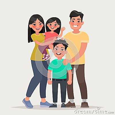 Asian happy family. Dad, mom, daughter and son together. Vector Cartoon Illustration