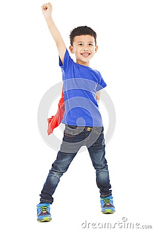 Asian happy superhero kid hero raise hand Stock Photo