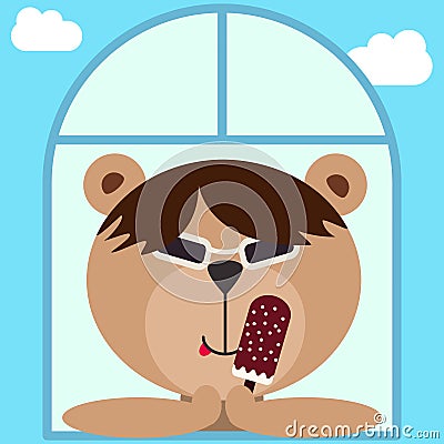 Asian harsh teddy bear in dark glasses, spectacles. Bear with ice cream looking out Vector Illustration