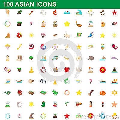 100 asian icons set, cartoon style Vector Illustration