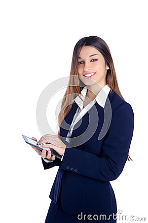 Asian indian business woman reading ebook tablet Stock Photo