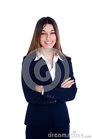 Asian indian business woman smiling with blue suit Stock Photo