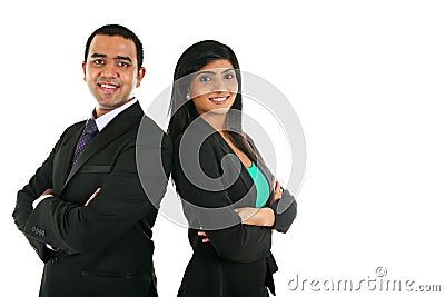 Asian Indian businessman and businesswoman in group standing with folded hands Stock Photo