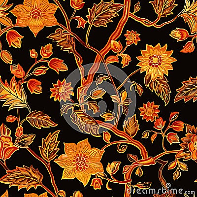 Asian inspired repeating background of flame colored leaves and branches Stock Photo