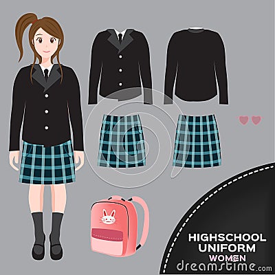 Asian international women university and high school uniform set , Thai uniform version 5 Vector Illustration