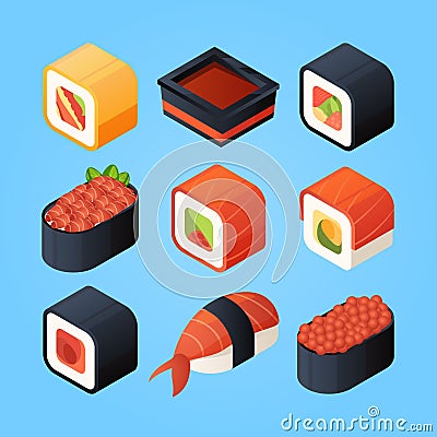 Asian isometric food. Sushi, rolls and other japan food Vector Illustration