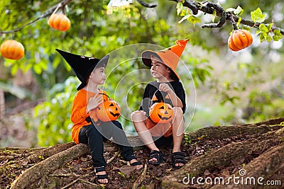 Asian kids with pumpkins in Halloween costumes Stock Photo