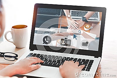 Asian lady browsing work opportunities online using job search computer app,looking for new vacancies on website page at laptop Stock Photo